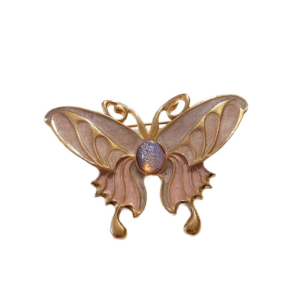 Vintage Cloisonne Enamel Pink Butterfly Brooch, 2.5" Wide